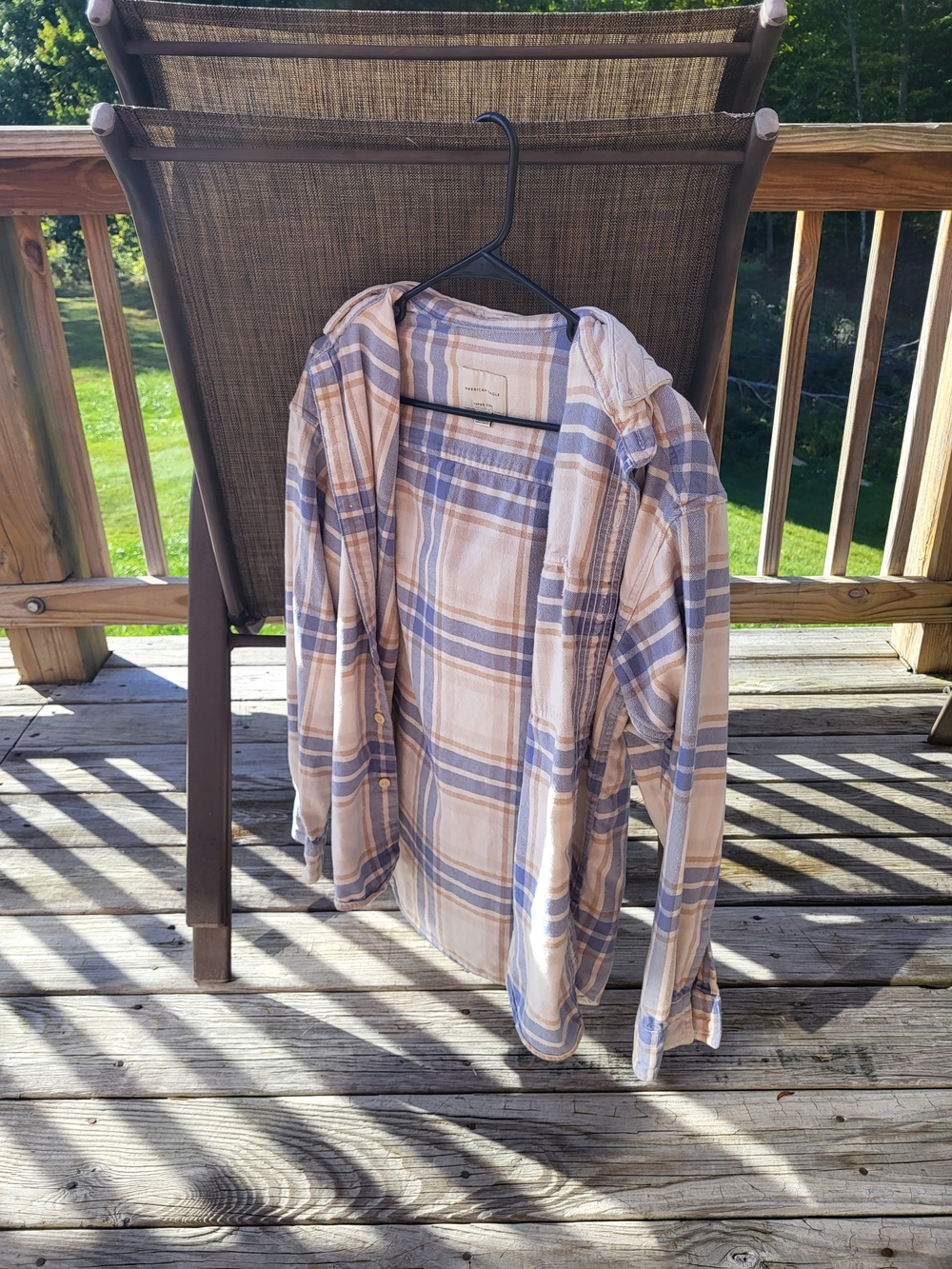 American Eagle Outfitters Beige & Blue Plaid Hooded Shirt Jacket